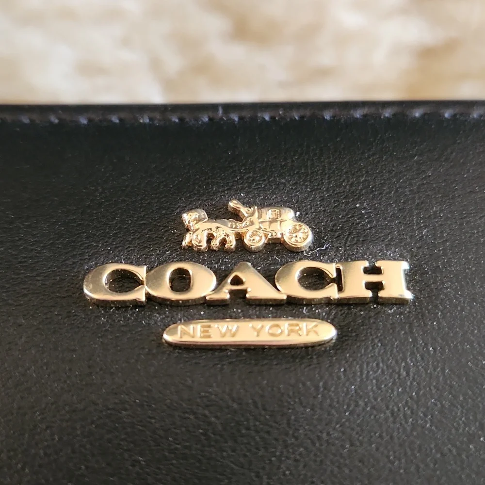 NWT IOB Coach Black Smooth Leather Slim Accordian Zippered Wallet 🖤💛🎁 - Picture 3 of 16
